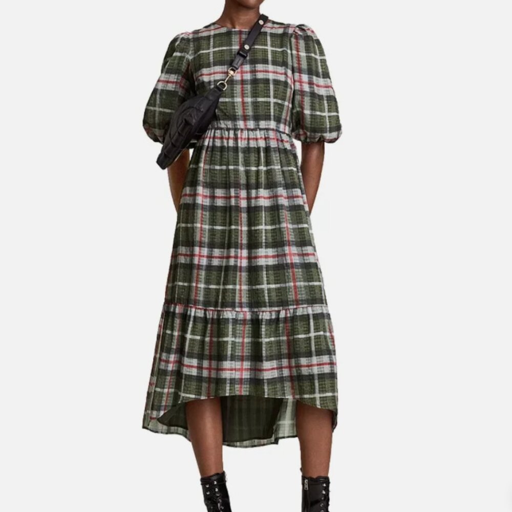 AllSaints Sadie Check Puff-Sleeve Hi-Low‎ Midi Feminine Edge Dress - Size 0